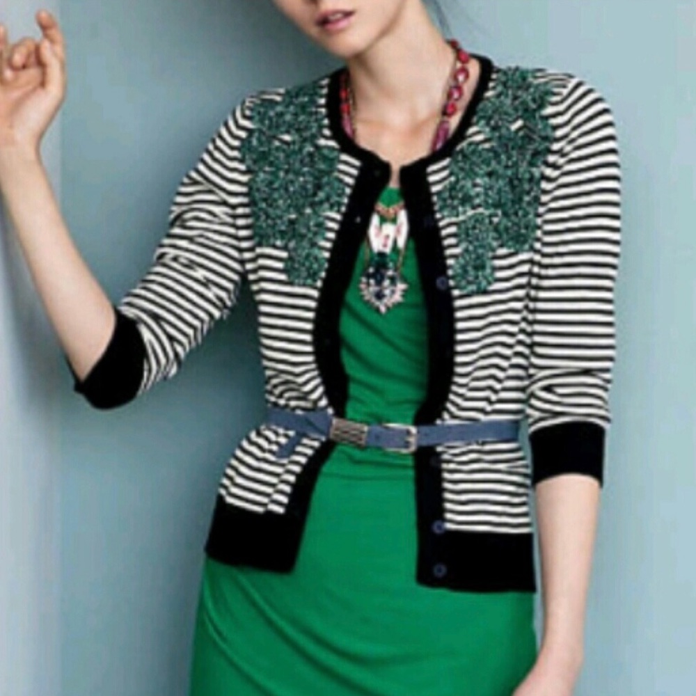 Anthropologie Black and White Striped Embellished Cardigan